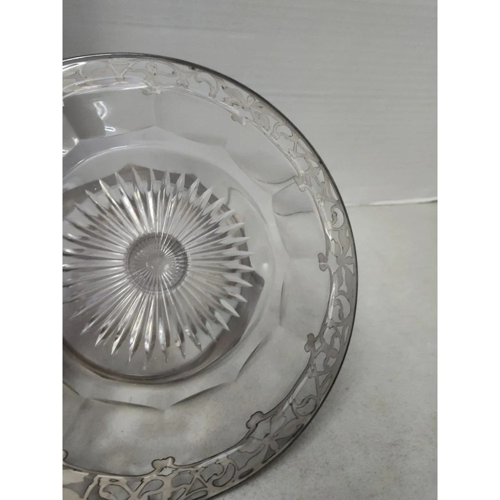 Sterling Silver Overlay Tiered Tray Cut Crystal Star Bottom Ornate Heisey Clear